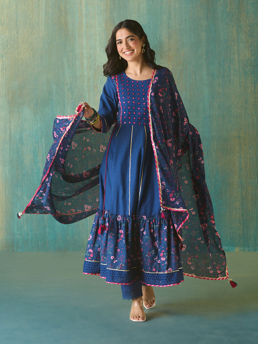 Likha Blue Schiffli Mirror Work Anarkali Set and Dupatta LIKSKD166 (Set of 3)