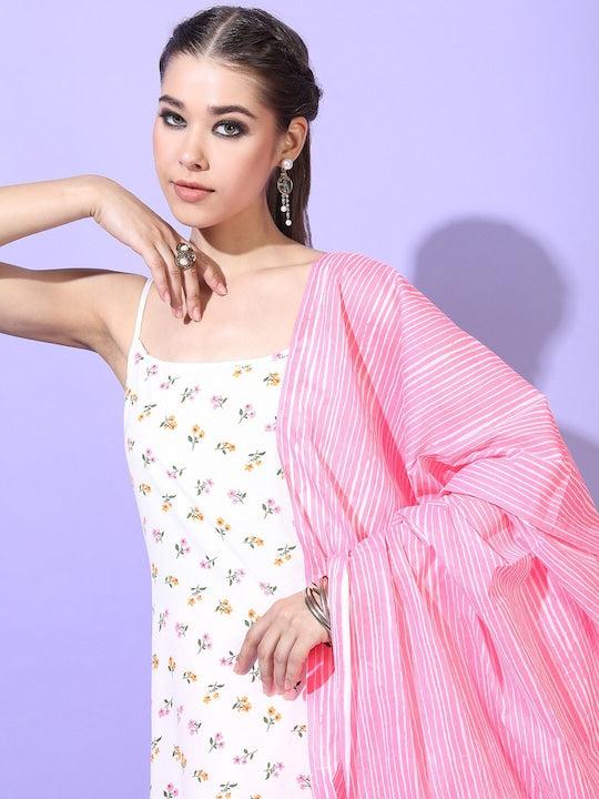 Vishudh Women Off White Floral Printed Kurta With Trousers & Dupatta