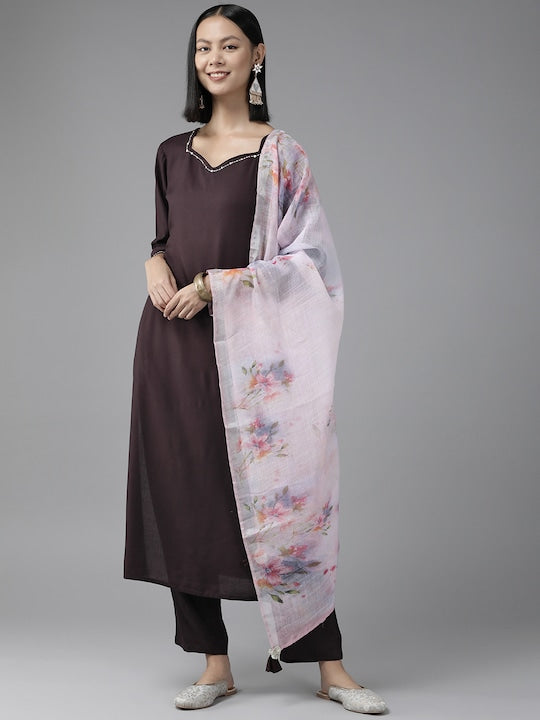 Yufta Women Purple Embroidered Thread Work Kurta with Trousers & Dupatta