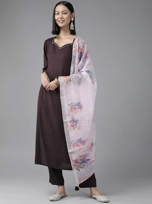 Yufta Women Purple Embroidered Thread Work Kurta with Trousers & Dupatta