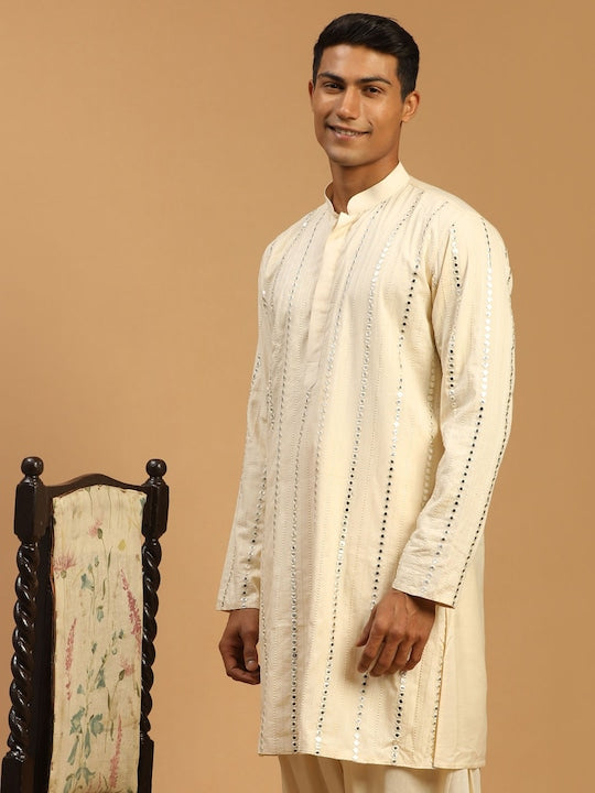 Vastramay Men Cream-Coloured Mirror Work Kurta