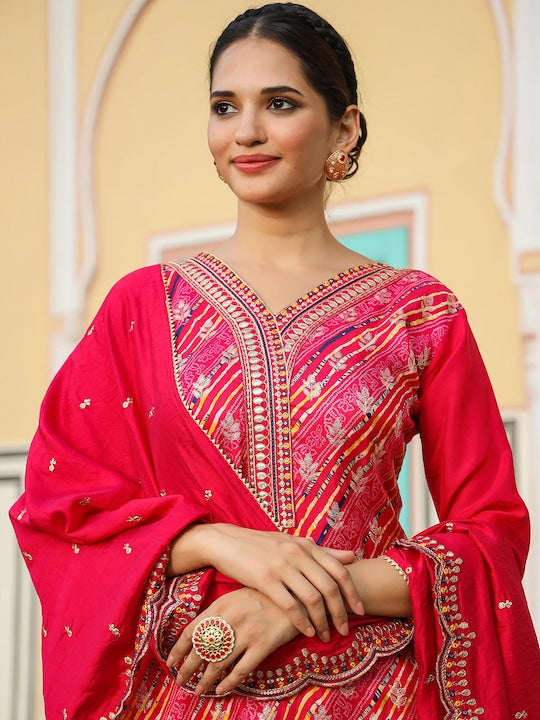 Scakhi Bandhani Printed Thread Work Pure Silk Kurta with Trousers & Dupatta