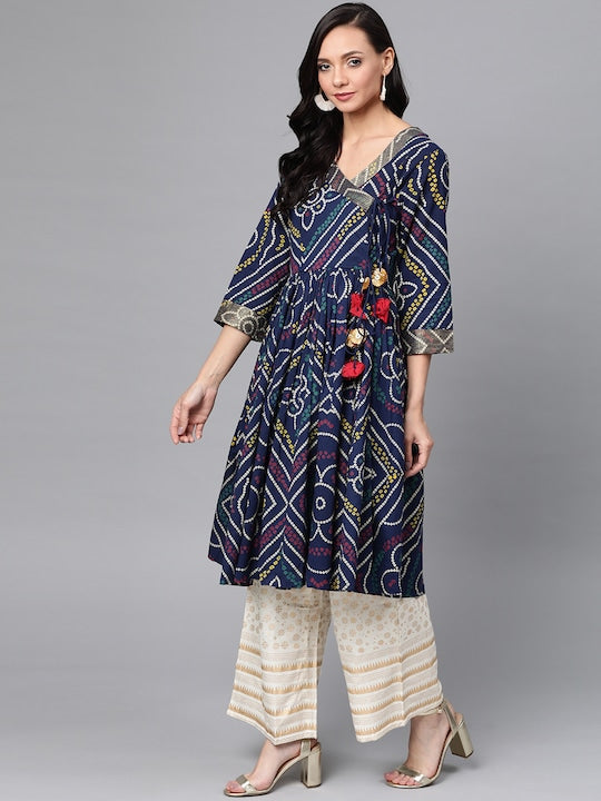 Anubhutee Women Navy Blue & Off White Printed Kurta with Palazzos
