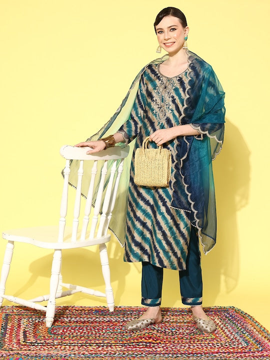 Sangria Women Leheriya Printed Regular Sequinned Kurta with Trousers & With Dupatta