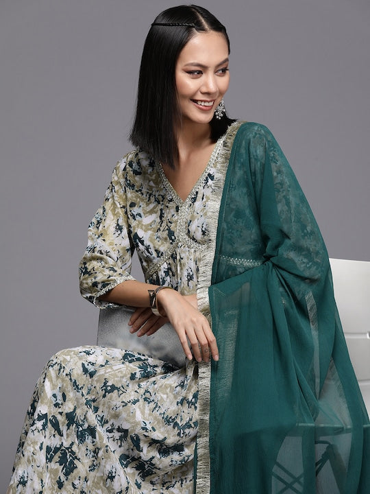 Varanga Women Printed Pleated Silk Georgette Kurta with Trousers & Dupatta