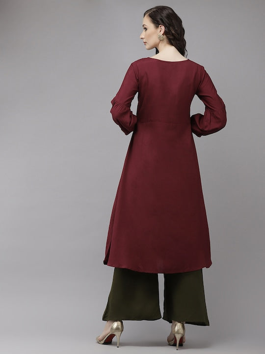 Yufta Women Maroon Floral Embroidered Thread Work Kurta