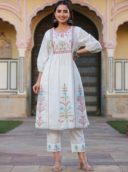 Juniper White & Pink Ethnic Motif Yoke Design Mirror Work A-Line Kurta With Trousers
