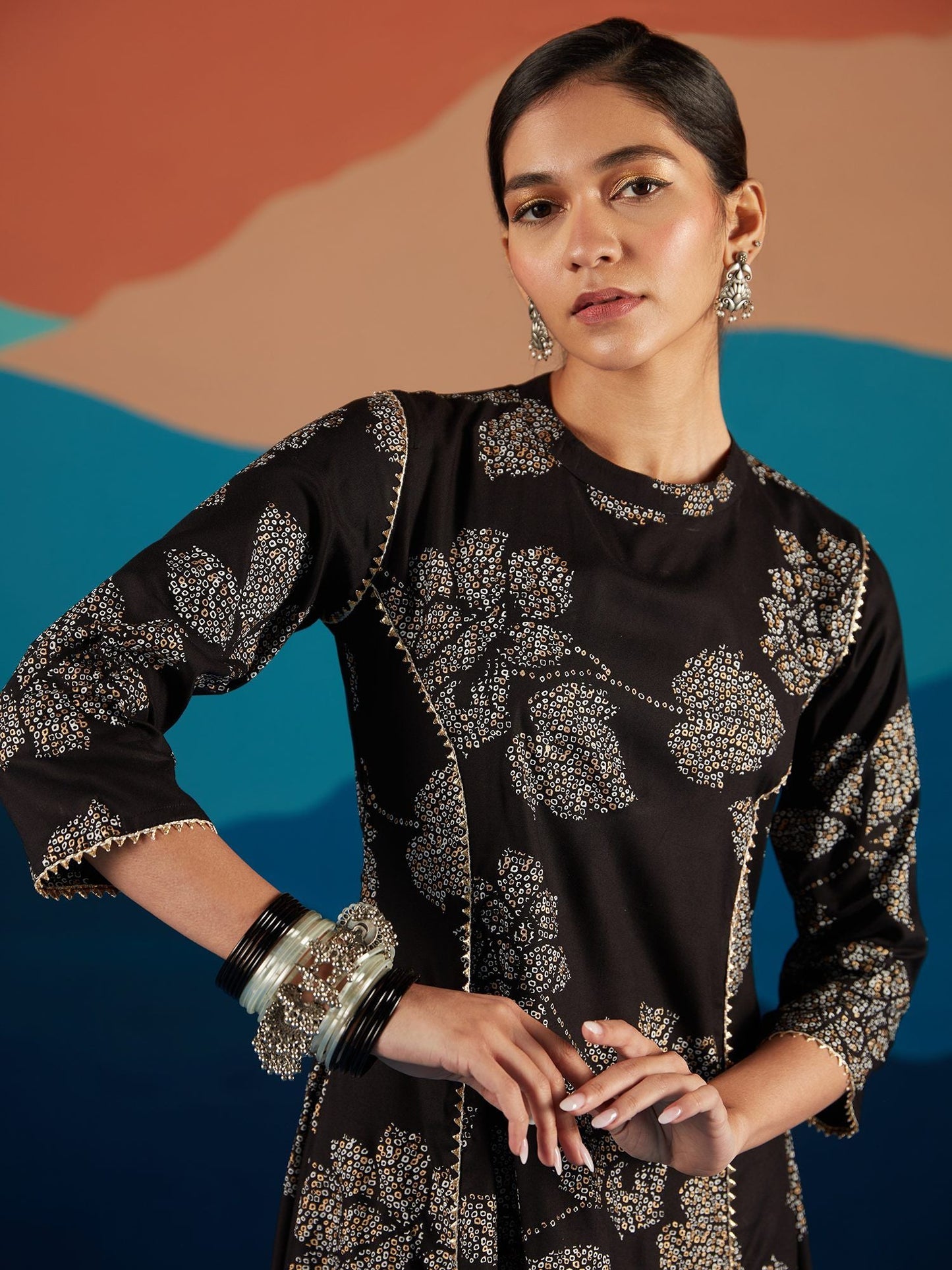 Likha Black Monochrome Floral Printed Aine Kurta LIKKUR159