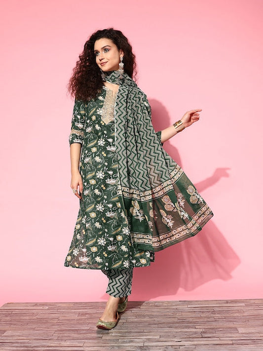 Yufta Floral Printed Pure Cotton Kurta with Trousers & With Dupatta
