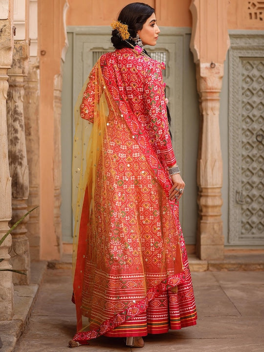 Scakhi Women Pink Ethnic Motifs Printed Anarkali Kurta With Belt And Net Dupatta