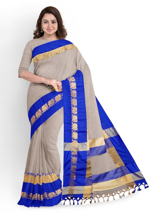 Mitera Grey & Blue Woven Design Border Tasseled Zari Silk Cotton Banarasi Saree