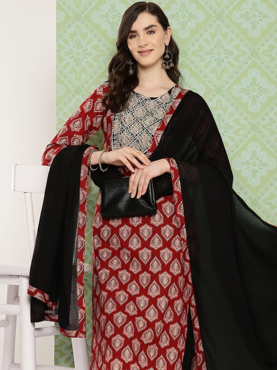 Yufta Women Ethnic Motifs Printed Regular Pure Cotton Kurta with Trousers & With Dupatta