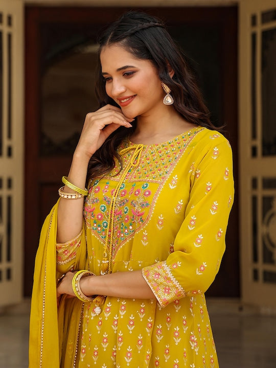 Scakhi Floral Yoke Design Tie Up Neck Beads & Stones Kurta With Trousers & Dupatta