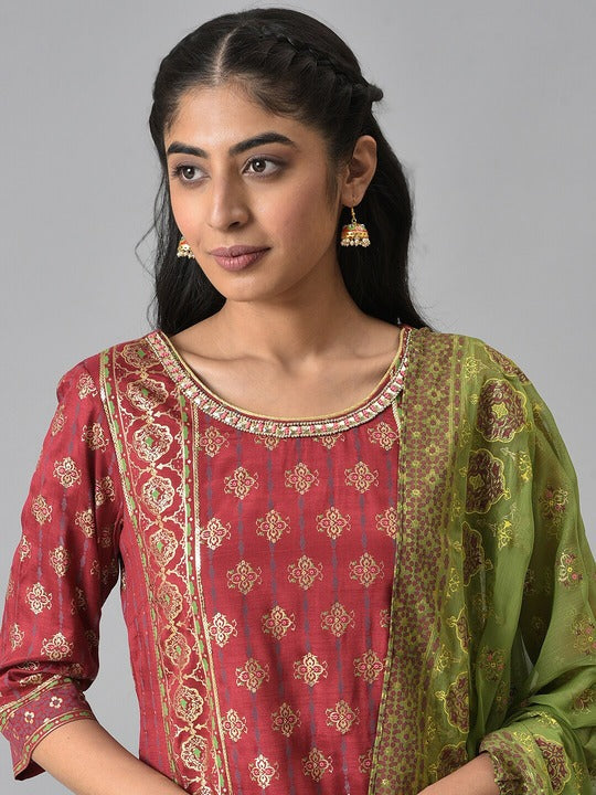 Aurelia Women Red Ethnic Motifs Printed Kurta with Trousers & With Dupatta