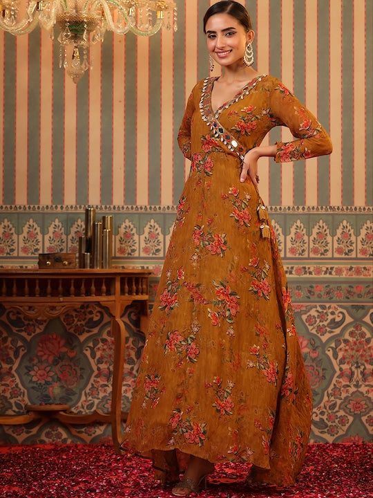 Scakhi Floral Printed Silk Gown Maxi Ethnic Dresses