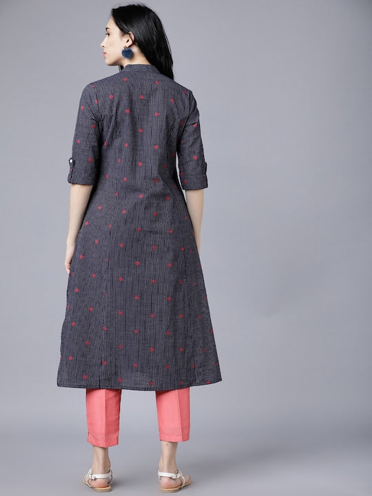 Vishudh Women Navy Blue Printed A-Line Kurta