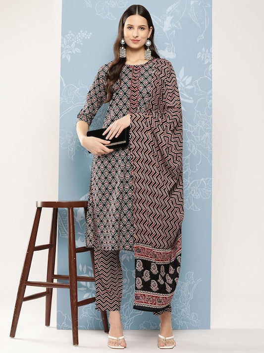 Yufta Women Printed Pure Cotton Kurta with Trousers & Dupatta