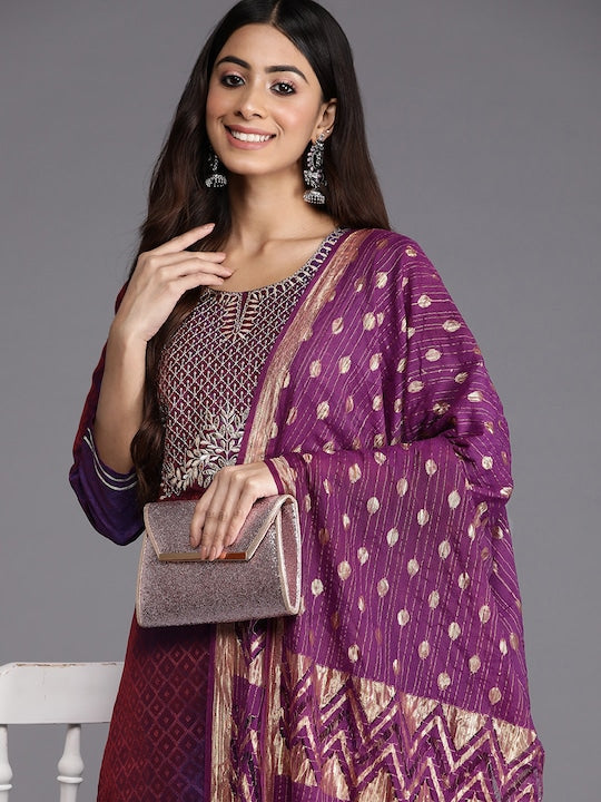 Varanga Women Purple & Gold-Toned Ethnic Motifs Embroidered Gotta Patti Kurta with Trousers & Dupatta