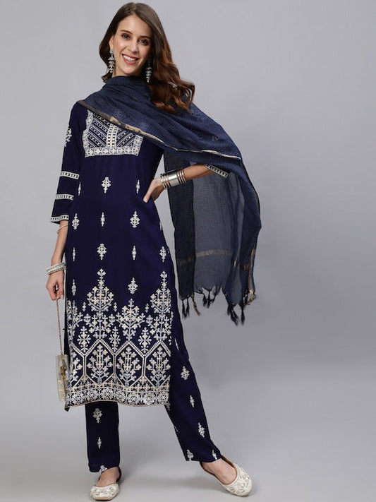 Anubhutee Women Navy Blue Floral Embroidered Regular Kurta with Trousers & With Dupatta