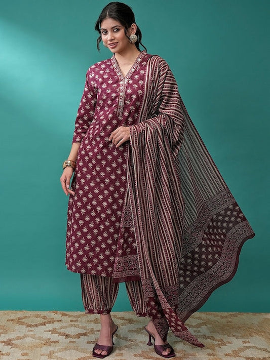 Vishudh Ethnic Motifs Printed Mirror Work Regular Kurta with Salwar & Dupatta