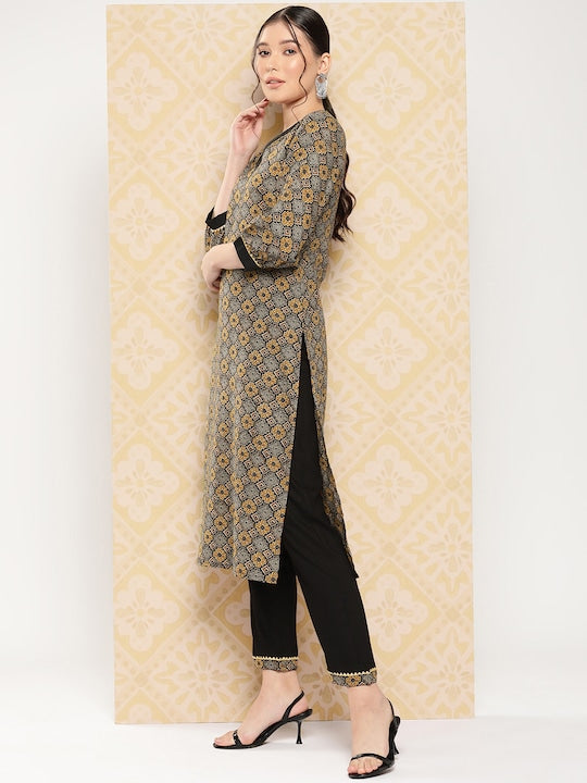 Yufta Geometric Printed Regular Pure Cotton Kurta with Trousers
