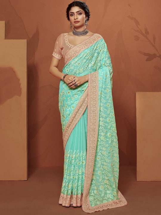 Satrani Floral Chikankari Pure Chiffon Heavy Work Saree