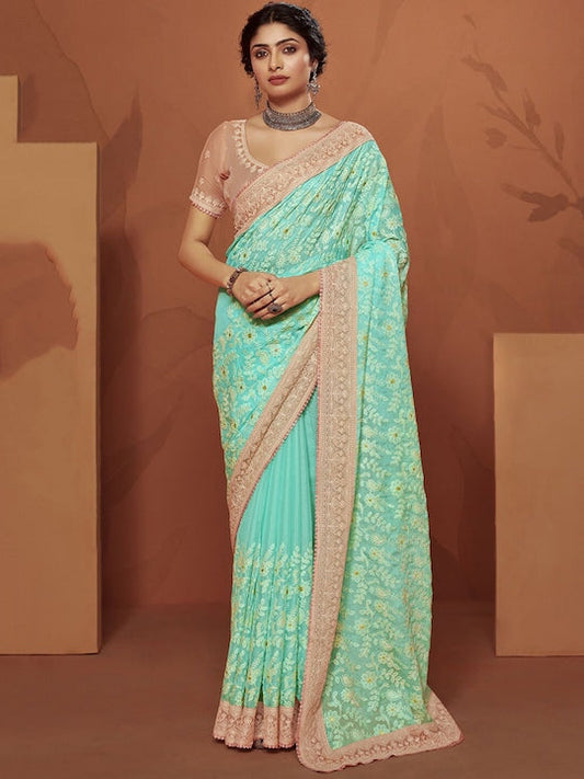 Satrani Floral Chikankari Pure Chiffon Heavy Work Saree