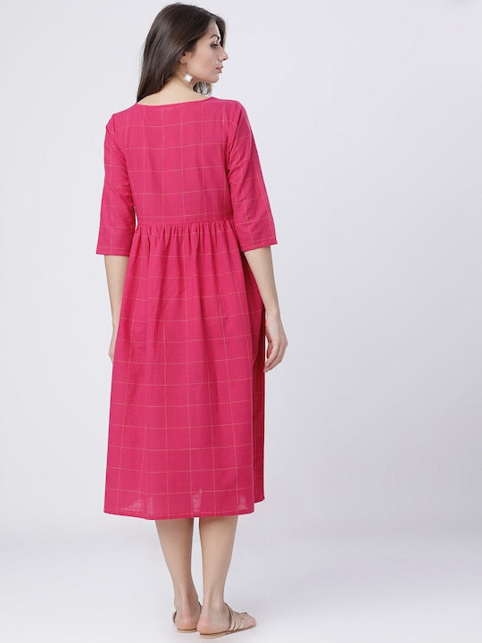 Vishudh Women Pink Checked Fit and Flare Dress