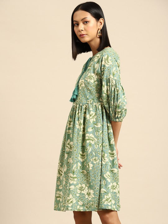 All about you Floral Print Tie-Up Neck A-Line Dress