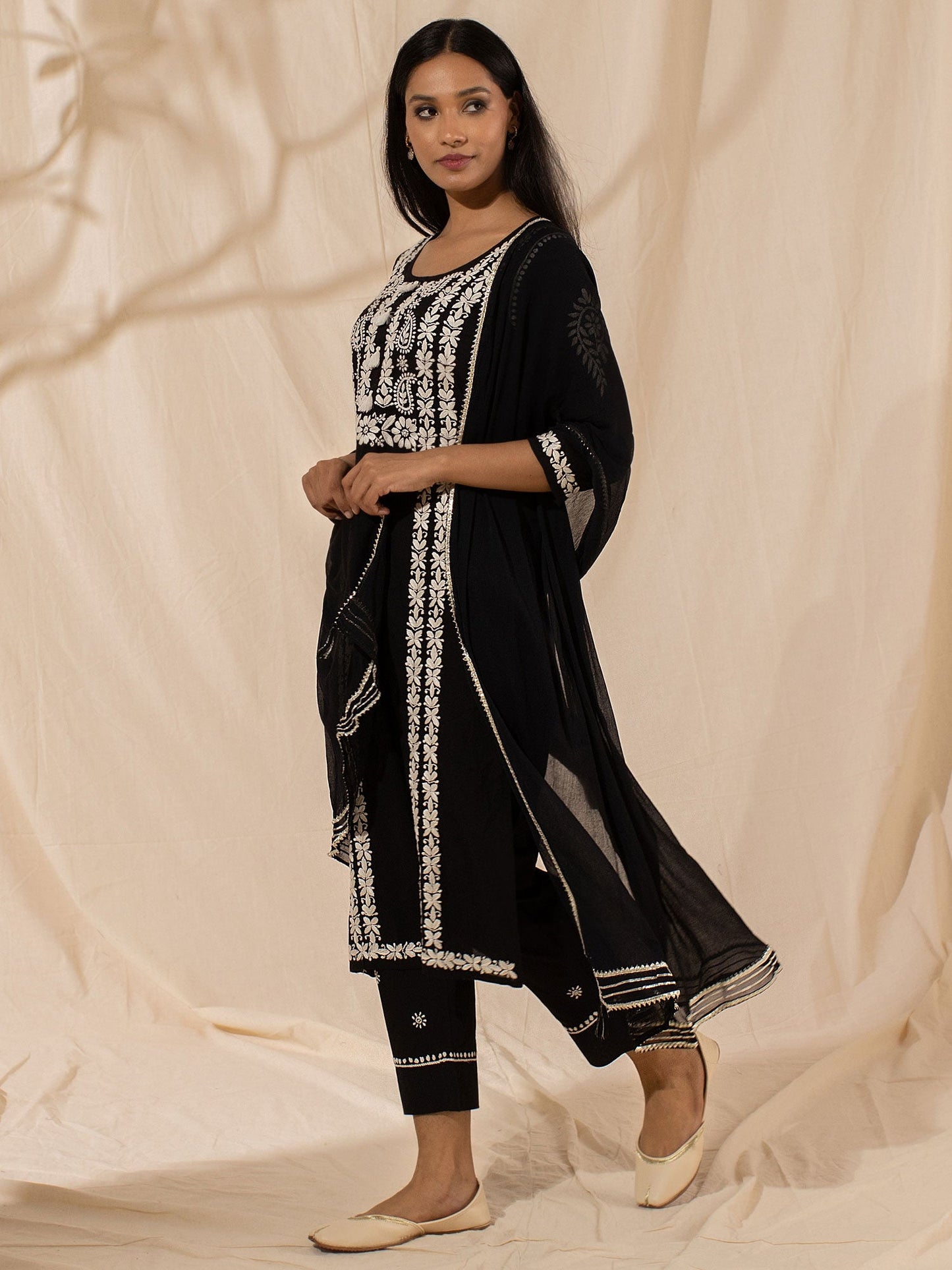 Likha Black Chikankari Kurta Pant & Dupatta LIKSKD33 (Set of 3)