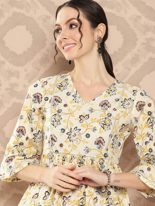 Yufta Women Floral Printed Regular Gotta Patti Pure Cotton Kurta with Dhoti Pants