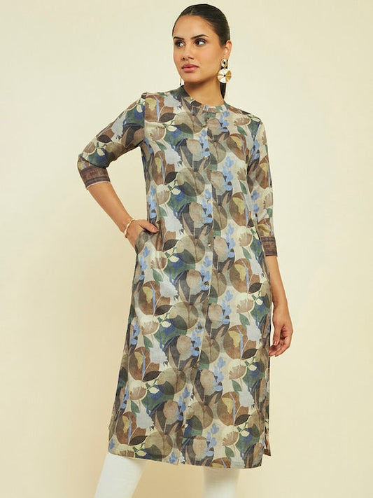 Soch Floral Printed Band Collar Straight Kurta