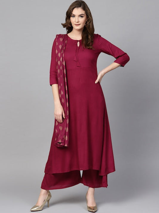 Yufta Women Burgundy Solid Kurta with Palazzos & Dupatta