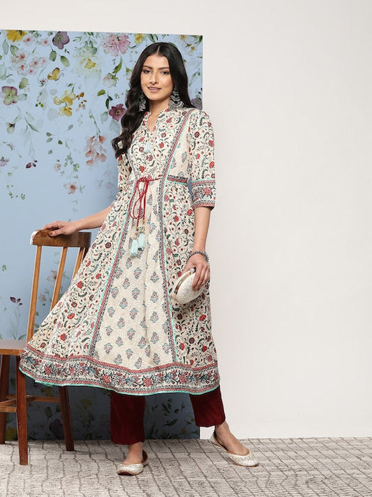 Juniper Floral Printed A-Line Kurta with Tie-Up Detail