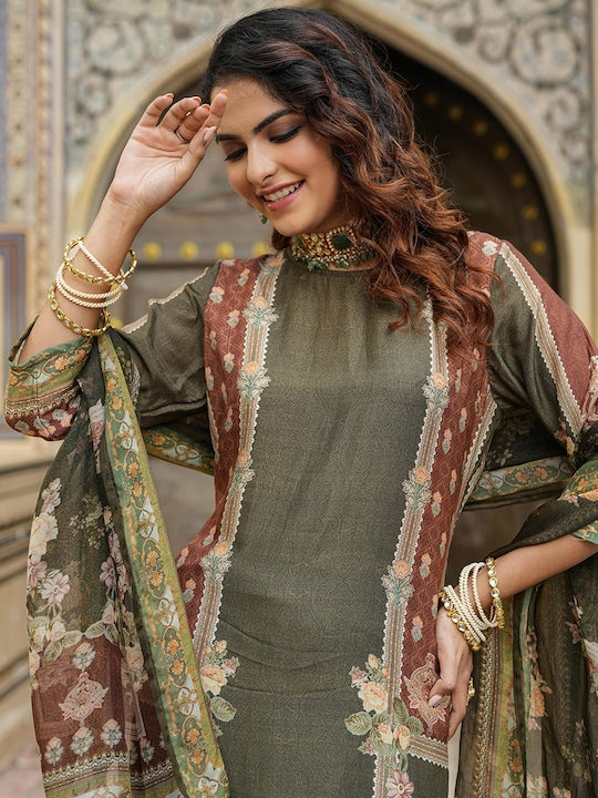 SCAKHI Floral Printed Regular Kurta with Trousers & Dupatta