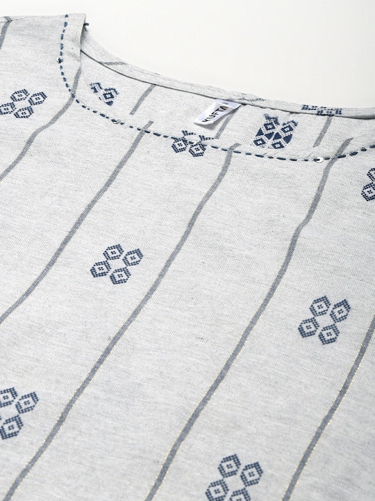 Yufta Women Grey Kantha Work Pure Cotton Kurta with Trousers & With Dupatta