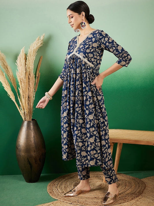 Sangria Jaal Printed Pure Cotton A-Line Kurta With Trousers Kurta