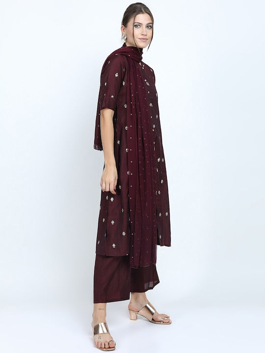 Vishudh Women Maroon Floral Printed Kurta with Trousers & Dupatta