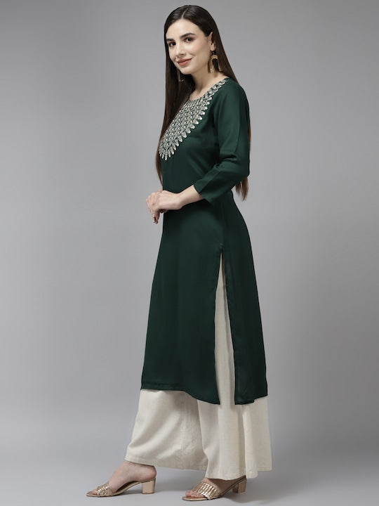 Yufta Women Green & Gold Ethnic Motifs Yoke Design Mirror Work Straight Kurta