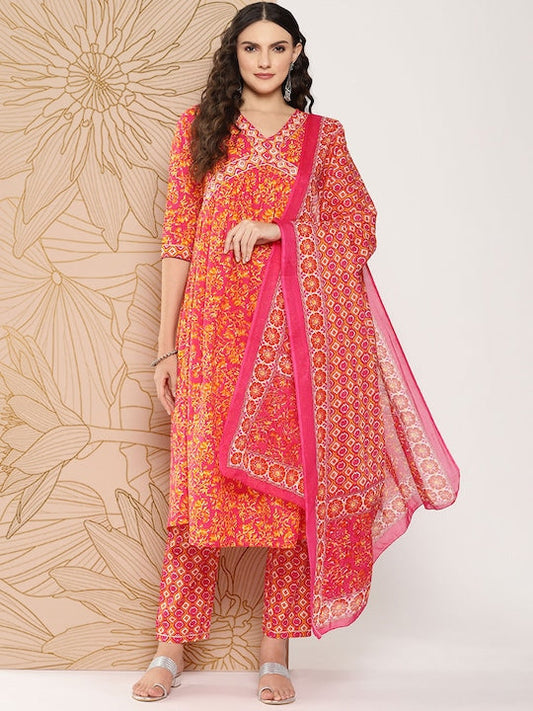 Yufta Women Floral Printed Regular Sequinned Pure Cotton Kurta with Trousers & Dupatta