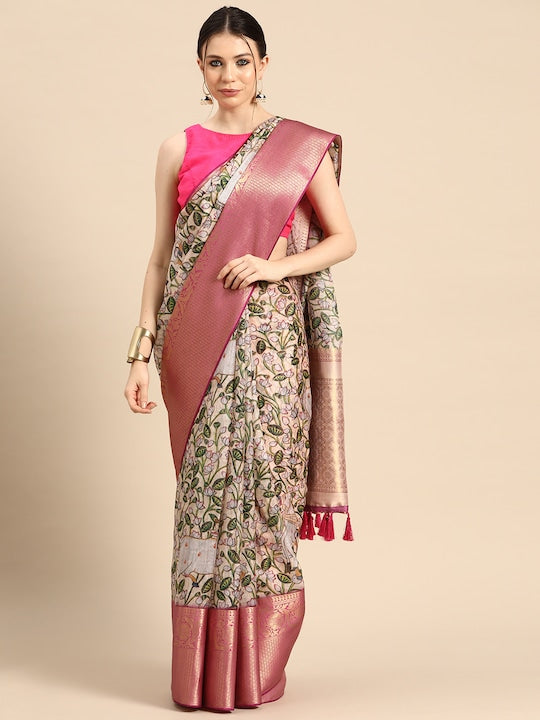 Silk Land Floral Printed Zari Pichwai Muga Silk Saree