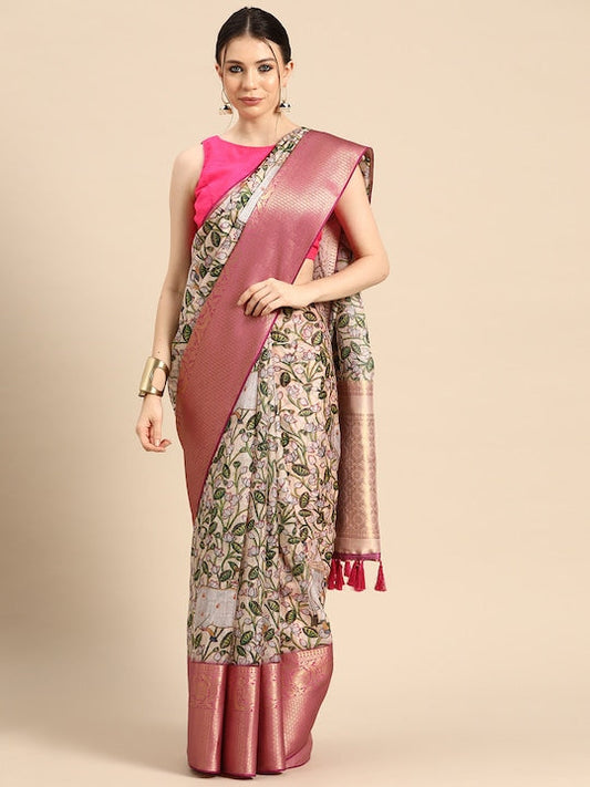 Silk Land Floral Printed Zari Pichwai Muga Silk Saree