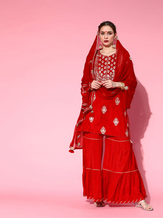 ISHIN womens Silk Blend Red Zari Embroidered A-line Kurta Sharara Dupatta (Set of 3)