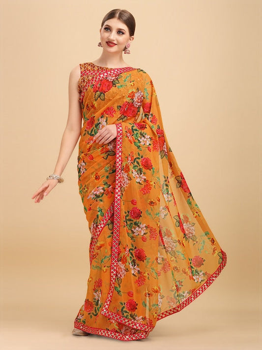 Sangria Mustard & Red Floral Sequinned Pure Georgette Saree
