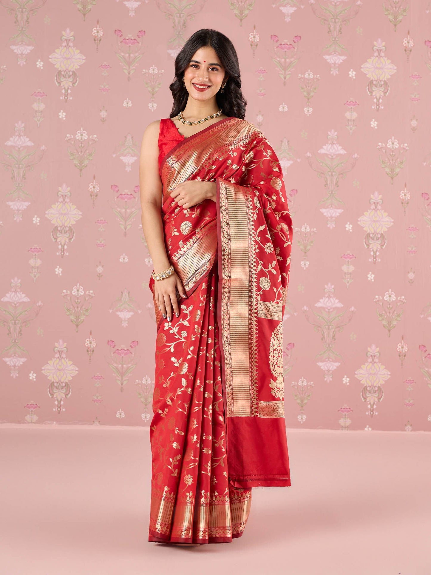 Likha Red Karigar Korner Banarasi Silk Gold Zari Work Saree with Unstitched Blouse LIKKKSAR08