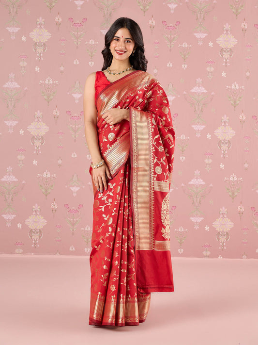 Likha Red Karigar Korner Banarasi Silk Gold Zari Work Saree with Unstitched Blouse LIKKKSAR08