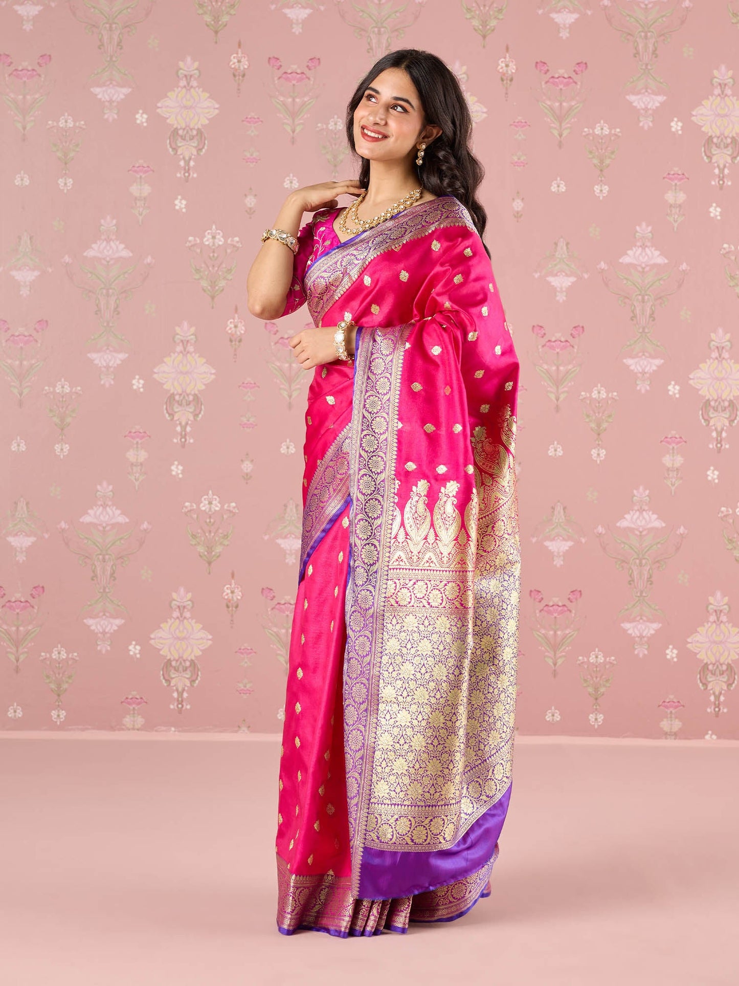 Likha Pink Karigar Korner Satin Silk Antique Zari Border Saree with Unstitched Blouse LIKKKSAR11