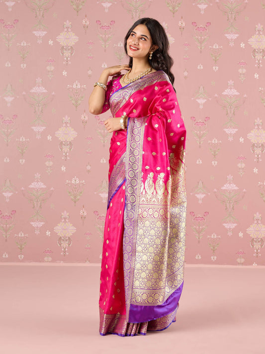 Likha Pink Karigar Korner Satin Silk Antique Zari Border Saree with Unstitched Blouse LIKKKSAR11