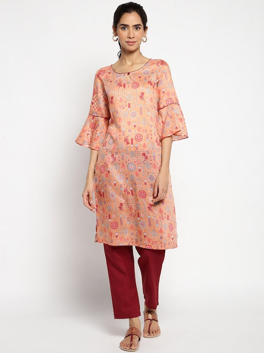 Aurelia Women Peach-Coloured Ethnic Motifs Printed Kurta with Trouser