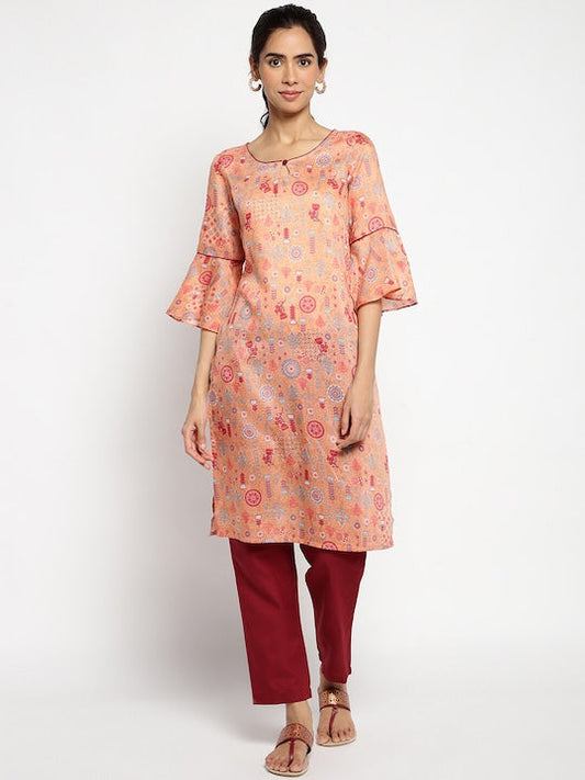 Aurelia Women Peach-Coloured Ethnic Motifs Printed Kurta with Trouser